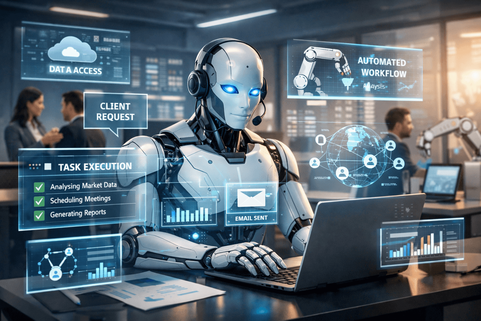 Agent IA dans un bureau moderne