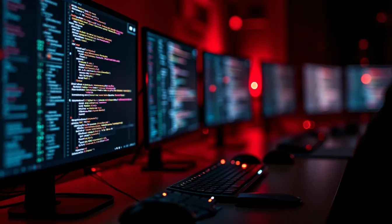 Visualisation cinematique de code source fuite sur des ecrans dans un serveur sombre