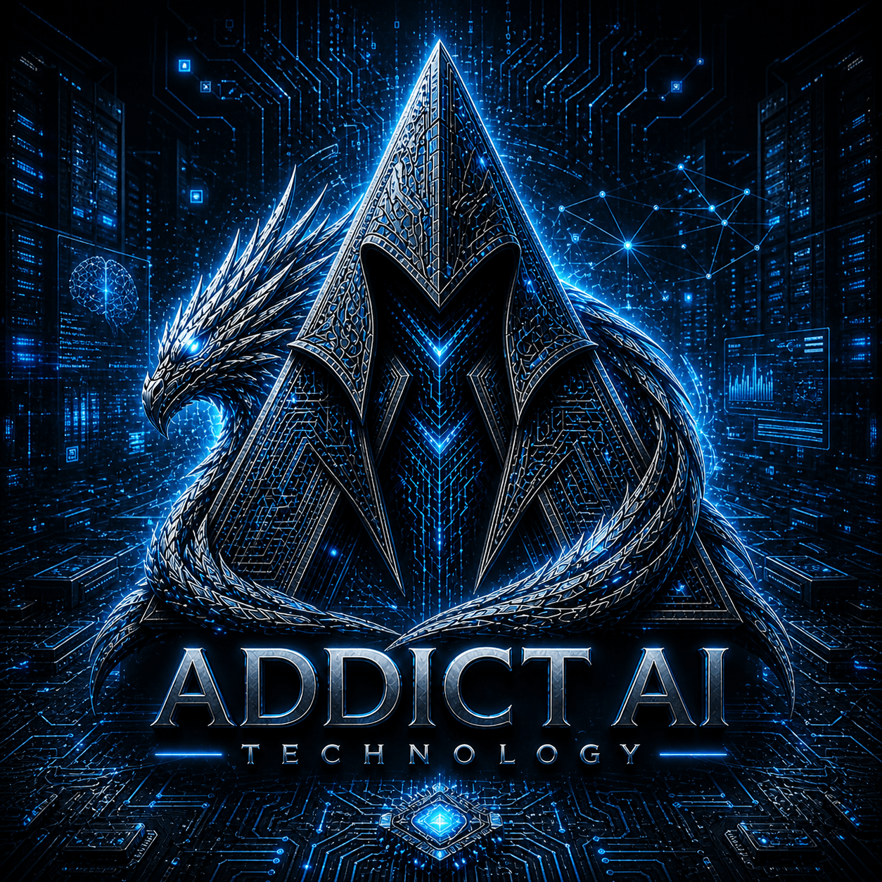 Sceau Addict AI Technology — dragon ciselé sur circuit board, wordmark gravé